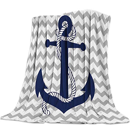 Product Cover Flannel Fleece Luxury Lightweight Cozy Couch/Bed Super Soft Warm Plush Microfiber Throw Blanket,Nautical Navy Anchor with Gray and White Chevron (40 x 50 Inches)