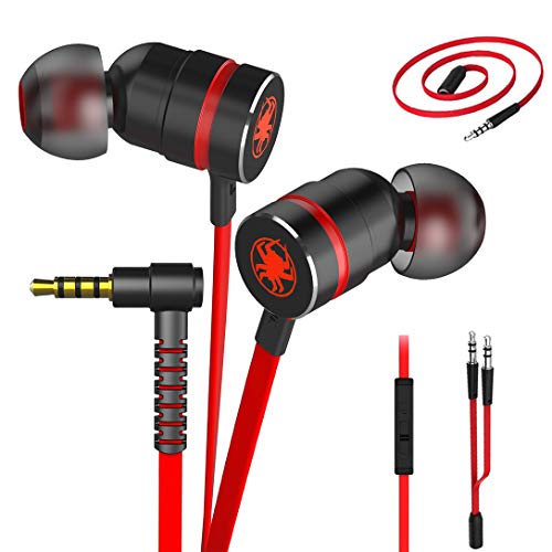 Product Cover Plextone Gaming Earphones, RichBass in-Ear Headphones with L Sharp Plug & Extension Cable for PC, iPhone, Samsung, Laptop, Xiaomi (Upgrade Red)