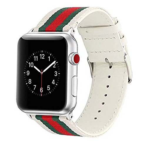 Product Cover HUANLONG Nylon Band Compatible with Apple Watch 38/40/42/44mm, Nylon with Leather Buckle Smart Strap Compatible for iwatch Series 1/2/3/4/5 (White/Green/Red, 38mm/40mm)