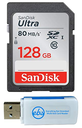 Product Cover SanDisk 128GB SDXC SD Ultra Memory Card Bundle 80MB/s Class 10 Works with Canon EOS Rebel SL3, SL2, SL1 Digital Camera (SDSDUNC-128G-GN6IN) Plus 1 Everything But Stromboli (TM) Multi-Slot Card Reader