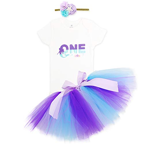 Product Cover 3PCS Toddler Baby Girls Outfit One Mermaid White Purple Tutu Skirt Headband