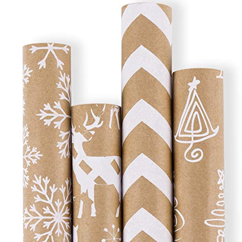 Product Cover RUSPEPA Christmas Gift Wrapping Paper - Brown Kraft Paper with 3D White Christmas Elements Xmas Designs Print Paper - 4 Roll - 30 Inch x 10Feet Per Roll
