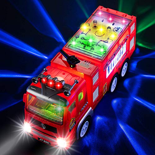 Product Cover Electric Fire Truck Kids Toy - with Bright Flashing 4D Lights & Real Siren Sounds | Bump and Go Firetruck for Boys | Automatic Steering on Contact | Fire Engine Toy Trucks for Imaginative Play