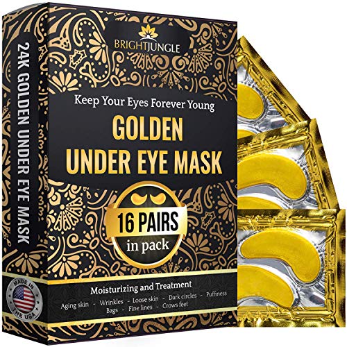 Product Cover BrightJungle Under Eye Collagen Patch, 24K Gold Anti-Aging Mask, Pads for Puffy Eyes & Bags, Dark Circles and Wrinkles, with Hyaluronic Acid, Hydrogel, Deep Moisturizing Improves elasticity, 16 Pairs