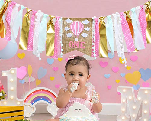 Product Cover WAOUH High Chair Banner for 1st Birthday - Hot Air Balloon Decorations for 1st Birthday Girl Gifts - Gray Blue Yellow Green Cake Smash for Banner - High Chair Garland for First Birthday