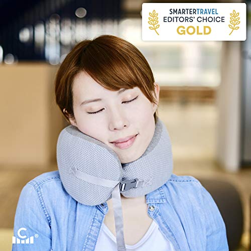 Product Cover Cushion Lab Extra Dense Travel Pillow, Award-Winning Patented Ergonomic Design for Chin & Neck Support Memory Foam Neck Pillow, Compact Adjustable Airplane Pillow for Traveling, Flight, Car, Train