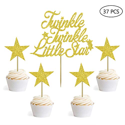 Product Cover Gold Glitter 1 Twinkle Twinkle Little Star Cake Topper and 36PCS Little Star Cupcake Topper for Birthday Wedding Engagement New Years Eve Party Decorations
