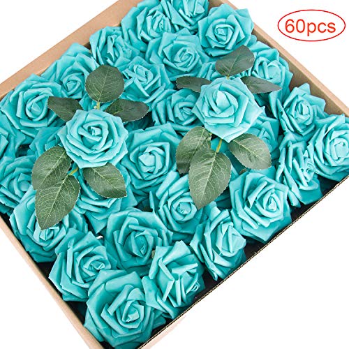 Product Cover TOPHOUSE 60pcs Artificial Flowers Roses Real Touch Fake Roses for DIY Wedding Bouquets Bridal Shower Party Home Decorations (Teal)