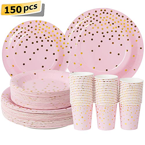 Product Cover Pink and Gold Party Supplies Paper Plates and Cups Serves 50 Guests Blue with Gold Confetti Dinnerware 50 Dinner Plates 50 Dessert Plates and 50 Cups for Baby Shower Birthday Bridal Shower Wedding