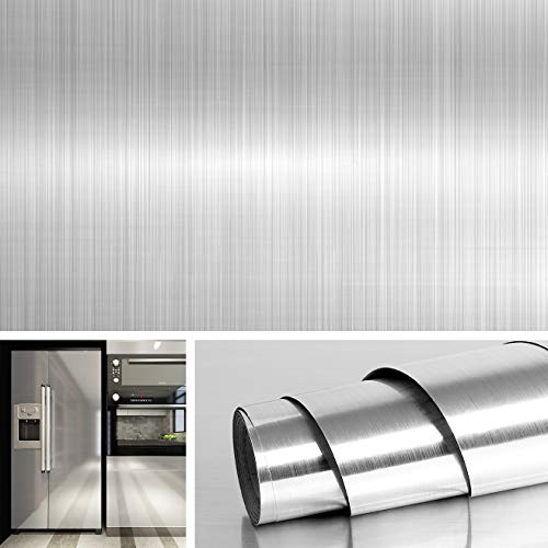 Product Cover Livelynine 15.8x197 Inch Removable Stainless Steel Wall Paper Decorative Silver Vinyl Adhesive Wallpaper Stick and Peel Brushed Nickel Household Appliance Dishwasher Mini Fridge Oven Dryer Covers