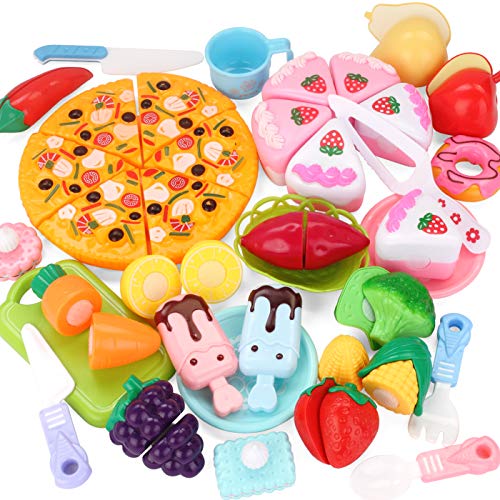 Product Cover Fun-Here Play Kitchen Food Toy Set Kids Cutting Market Cooking Educational Leaning Cake Pizza Fruit Vegetables Ice Cream Pretend Playset Party Favor Supplies for Boys Girls