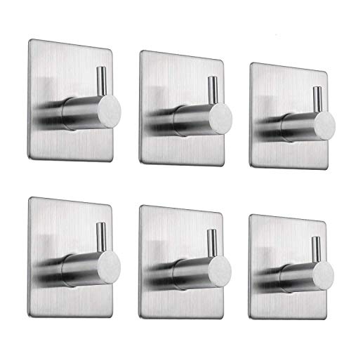 Product Cover EKKONG 6 Pack Self Adhesive Hooks, Stainless Steel Stick Hooks Towel Stands Office Strong Sticky Wall Hook Rustproof Waterproof for Bathroom, Kitchen and Bedroom (6 Pack) (6pcs)
