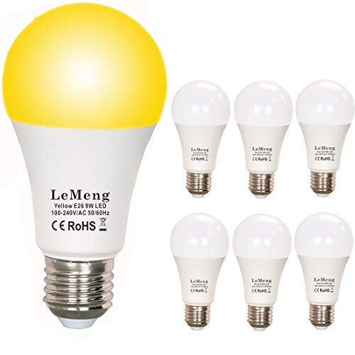 Product Cover LeMeng Yellow Bug Light Bulbs 9W, A19 LED Sleep Aid Bulb Amber Night Lights 2000K, 75watts Halogen Equivalent, E26 Medium Base Porch Light 120V, Not Dimmable for Hallway Holiday Party(6 Pack)