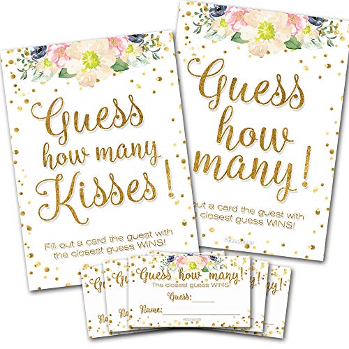 Product Cover Oh Boy Love It Guess How Many Kisses Game Cards White and Gold Floral | 50 Cards Plus one Double Sided Sign | Candy Guessing Game, Kisses for The Soon to be Mrs | Bridal Shower Fun Game