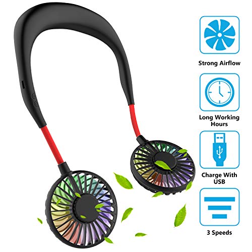 Product Cover Hand Free Mini USB Personal Fan - Rechargeable Portable Headphone Design Wearable Neckband Fan，3 Level Air Flow，7 LED Lights，360 Degree Free Rotation Perfect for Sports, Office and Outdoor (Black)