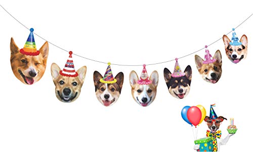 Product Cover Gyzone Dogs Birthday Garland, Funny Corgi Face Portrait Birthday Banner, Dog Bday Bunting Decorations