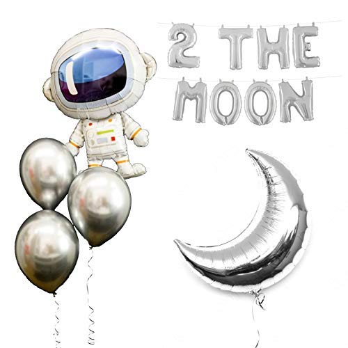 Product Cover Space Party Balloons 2 the Moon Theme Party Supplies 17Pcs Chrome Silver Galaxy Astronaut Airship Spaceship Chrome Silver Moon Space Man Robot UFO Party Balloon Birthday Banner Decoration