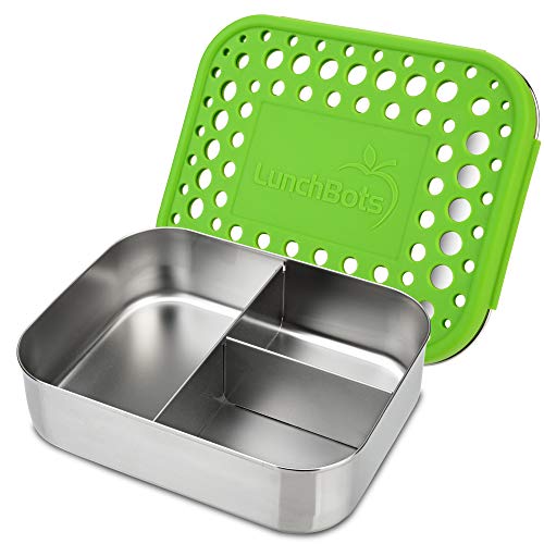 Product Cover LunchBots Medium Trio II Snack Container - Divided Stainless Steel Food Container - Three Sections for Snacks On The Go - Eco-Friendly, Dishwasher Safe, BPA-Free - Stainless Lid - Green Dots