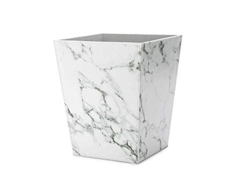 Product Cover WV Faux Leather Trash Can Waste Basket Faux White Marble Finish for Home, Kitchen Bathroom& Office (White Faux Marble)