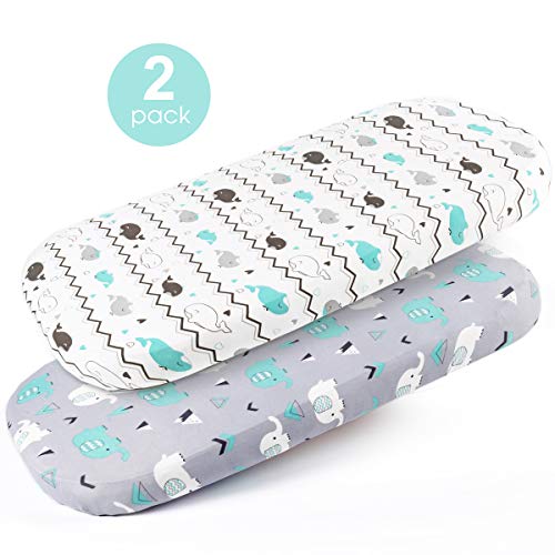 Product Cover Stretch-Fitted-Bassinet-Sheet-Set-Brolex 2 Pack Cradle Sheets for Bassinet Pad/Mattress,Unisex Boys Girls,Ultra Soft,Elephant & Whale