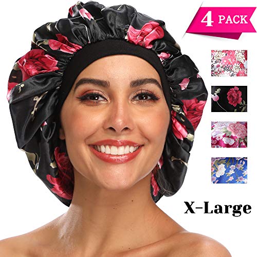 Product Cover Silk Bonnet for Women, XL Large Stain Silk Bonnet for Natural Hair, Women Sleep Cap Bonnets With Comfortable Wind Band (4 Pack)