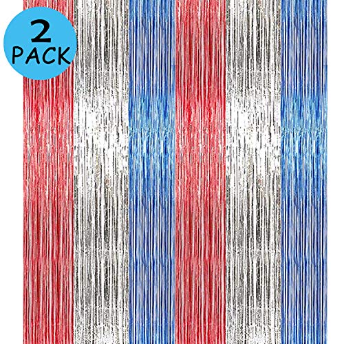 Product Cover Lansian 2Pack 4th of July Foil Fringe Curtains Tinsel Garland Independence Day DIY Blue Red Party Photo Booth Props Backdrop Door Wall Decorations