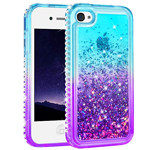 Product Cover Ruky iPhone 4 Case, iPhone 4S Case, Gradient Quicksand Series Glitter Flowing Liquid Floating Bling Diamond Clear TPU Girls Case for iPhone 4 4S (Aqua)