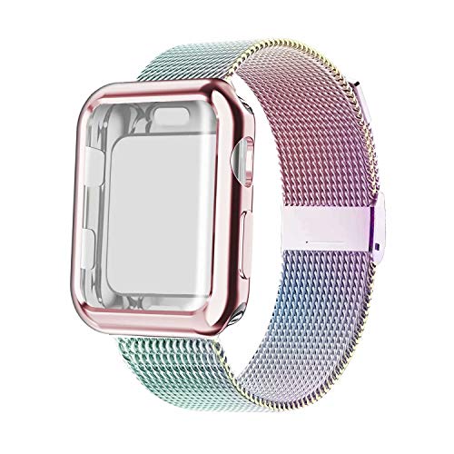 Product Cover YC YANCH Compatible with Apple Watch Band 40mm with Case, Stainless Steel Mesh Loop Band with Apple Watch Screen Protector Compatible with iWatch Apple Watch Series 1/2/3/4/5 (40mm Colorful)