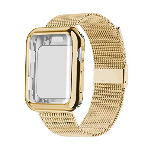 Product Cover YC YANCH Compatible with Apple Watch Band 44mm with Case, Stainless Steel Mesh Loop Band with Apple Watch Screen Protector Compatible with iWatch Apple Watch Series 1/2/3/4/5 (44mm Gold)