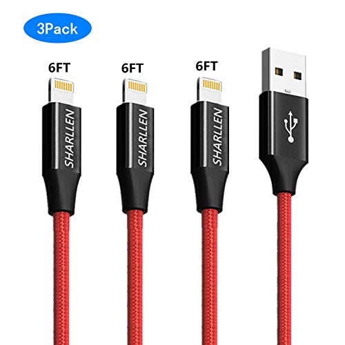 Product Cover iPhone Charger Cable,Sharllen 6FT/1.8M 3 Pack Nylon Braided iPhone Lightning Cord MFi Certified Charging&Syncing Data Wire Compatible iPhone XS/Max/XR/X/8/8Plus/7/7P/6S/6S P/SE/iPad/iPod Red (R-6FT)