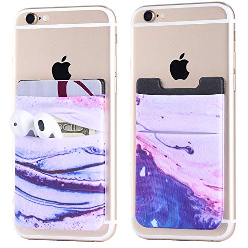 Product Cover 2Pack Phone Card Holder Stretchy Lycra Stick on Wallet Pocket Credit Card ID Case Pouch Sleeve 3M Adhesive Sticker for Back of iPhone Android Smartphone (Sand Marble Purple Double Pocket)