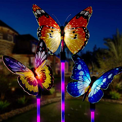 Product Cover Garden Solar Lights Outdoor, UBKER 3 Pack Solar Stake Lights Multi-Color Changing LED Butterfly, Fiber Optic Decorative Lights for Yard, Garden, Solar Powered Light with a Purple LED Light Stake