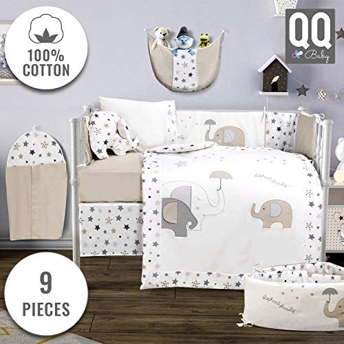 Product Cover Baby Crib Bedding Set - 100% Turkish Cotton - 9 Piece Nursery Crib Bedding Sets for Boys & Girls - Elephant Design - 4 Color Variations by QQ Baby (Beige)