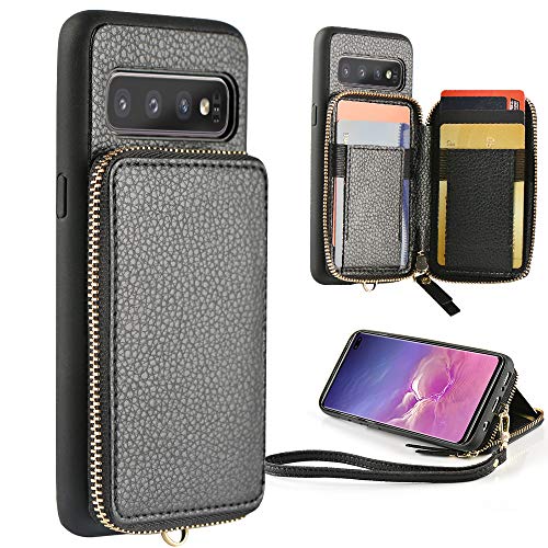 Product Cover ZVE Samsung Galaxy S10 Plus Wallet Case Galaxy S10+ Case with Credit Card Holder Zipper Wallet Case Handbag Purse Shockproof Case Cover for Samsung Galaxy S10 Plus (2019), 6.4 inch - Black