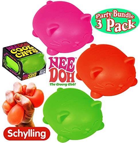 Product Cover Schylling NeeDoh Cool Cats The Groovy Glob! Squishy, Squeezy, Stretchy Stress Balls Green, Orange & Pink Complete Gift Set Party Bundle - 3 Pack