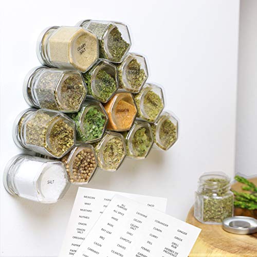 Product Cover 15-Pack Magnetic Spice Jars Hexagon Glass Spice Jars With Stainless Steel Strong Magnet Lids - Space Saving Storage For Dry Herbs And Spices - Great for Fridge, Backsplash and More