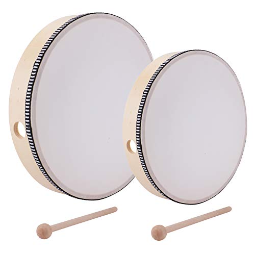 Product Cover Foraineam 10 Inch & 8 Inch Hand Drum Kids Percussion Wood Frame Drum with Drum Stick
