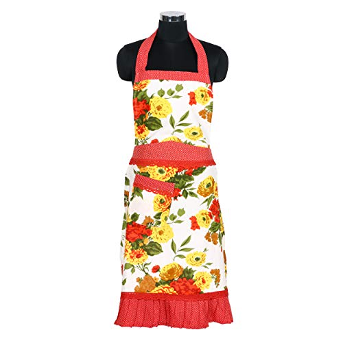 Product Cover MORNING BLOSSOM Apron for Women with Pockets - Long Ties Cute Red White Retro Floral Print Cotton Waitress Aprons - 32x28 Inches