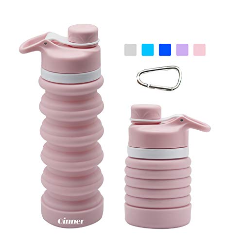 Product Cover Collapsible Water Bottle Foldable Reusable Food-Grade Silicone FDA Approved, BPA Free, Leak Proof Portable Travel &SportsWater Bottle with Carabiner, 19oz (Pink)
