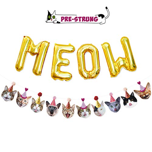 Product Cover Funny Cat Party Garland Meow Letter Balloons Cats Faces with Party Hats Banner Kitten Bunting Photo Props for Cat Theme Birthday Party Pet Adoption Party Supplies