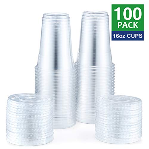 Product Cover Eupako 16 oz Clear Plastic Cups with Lids 100 Sets Disposable Plastic Cups with Flat Lids To Go, Cold Drink Cups, Smoothie Cups, Disposable Ice Coffee Cups