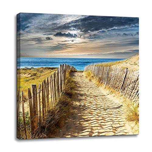 Product Cover Beach Canvas Wall Art for Bathroom Gold Sand Beach Wall Decoration Seascape Themed Modern Canvas Print Picture Framed Artwork Ready to Hang for Home Kitchen Bedroom Living Room Wall Decor Size 14x14