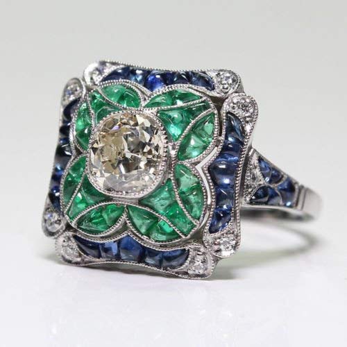 Product Cover Yuren 925 Sterling Silver Vintage Emerald Ring Blue Sapphire White Topaz Ring Women Wedding Fashion Jewelry Size 6-10 (US Code 8)