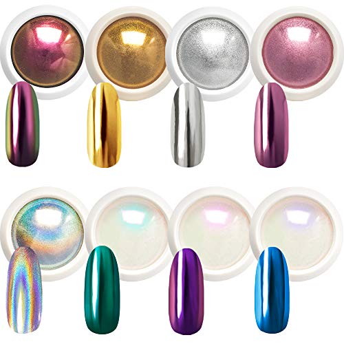 Product Cover Beetles Chrome Nail Powder Mirror Effect Holographic Laser Aurora Iridescent Pearl Chameleon Manicure Art Decoration Glitter, 8 Colors 1g or 0.5g/Jar