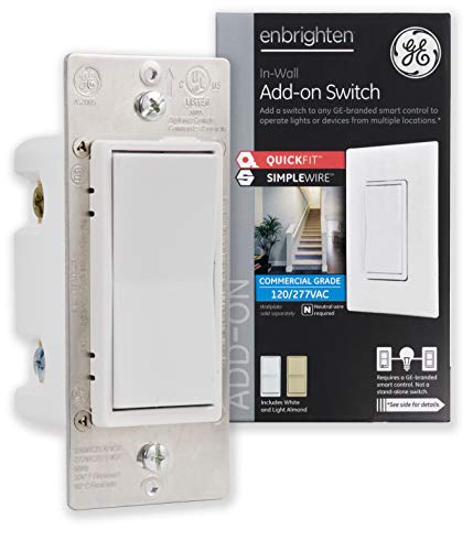 Product Cover GE Enbrighten Add-On Switch with QuickFit and SimpleWire, GE Z-Wave/GE Zigbee Smart Lighting Controls, Works with Alexa, Google Assistant, NOT A STANDALONE SWITCH, White & Light Almond, 46199