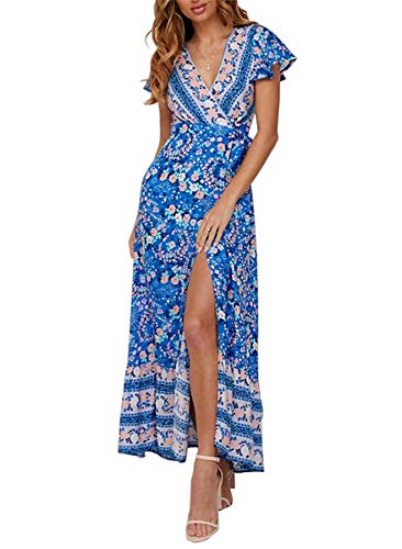 Product Cover Women's Bohemian Floral Printed Wrap V Neck Short Sleeve Split Beach Party Maxi Dress Blue Small