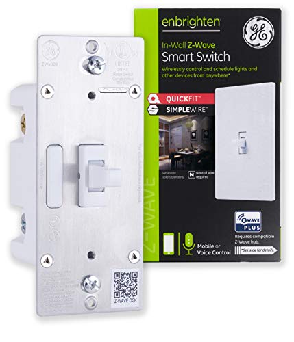 Product Cover GE 46202 Enbrighten Z-Wave Plus Smart Light Switch with QuickFit and SimpleWire, Works with Alexa, Google Assistant, Zwave Hub Required, Repeater/Range Extender, 3-Way 2nd Gen. Toggle, White 1-pack