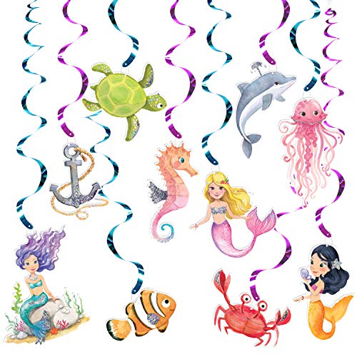 Product Cover 20pcs of Mermaid Party Supplies with Under The Sea Blue and Purple Birthday Party Swirl Decorations Set with 10 Double Sided Under The sea Figures with Real Glitter