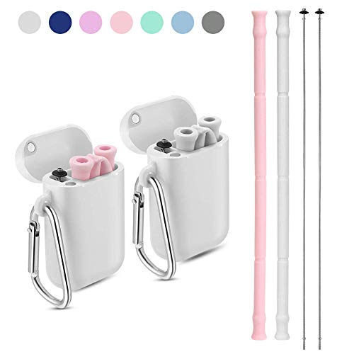 Product Cover Yoocaa Reusable Silicone Collapsible Straws - 2 Pack Portable Drinking Straw with Carrying Case and Cleaning Brush, BPA Free - Pink & Gray