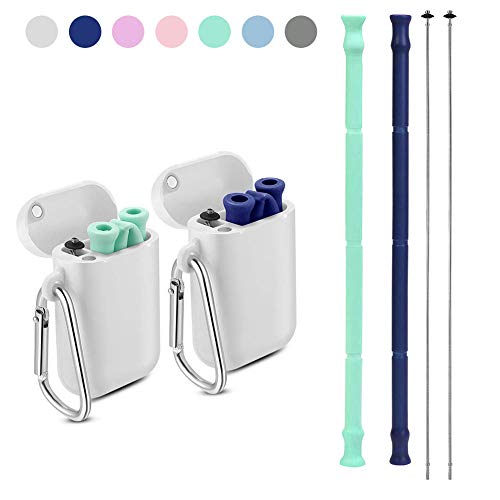Product Cover Yoocaa Reusable Silicone Collapsible Straws - 2 Pack Portable Drinking Straw with Carrying Case and Cleaning Brush, BPA Free - Blue & Green